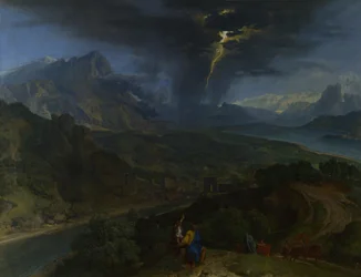 Paisaje montañoso con relámpagos